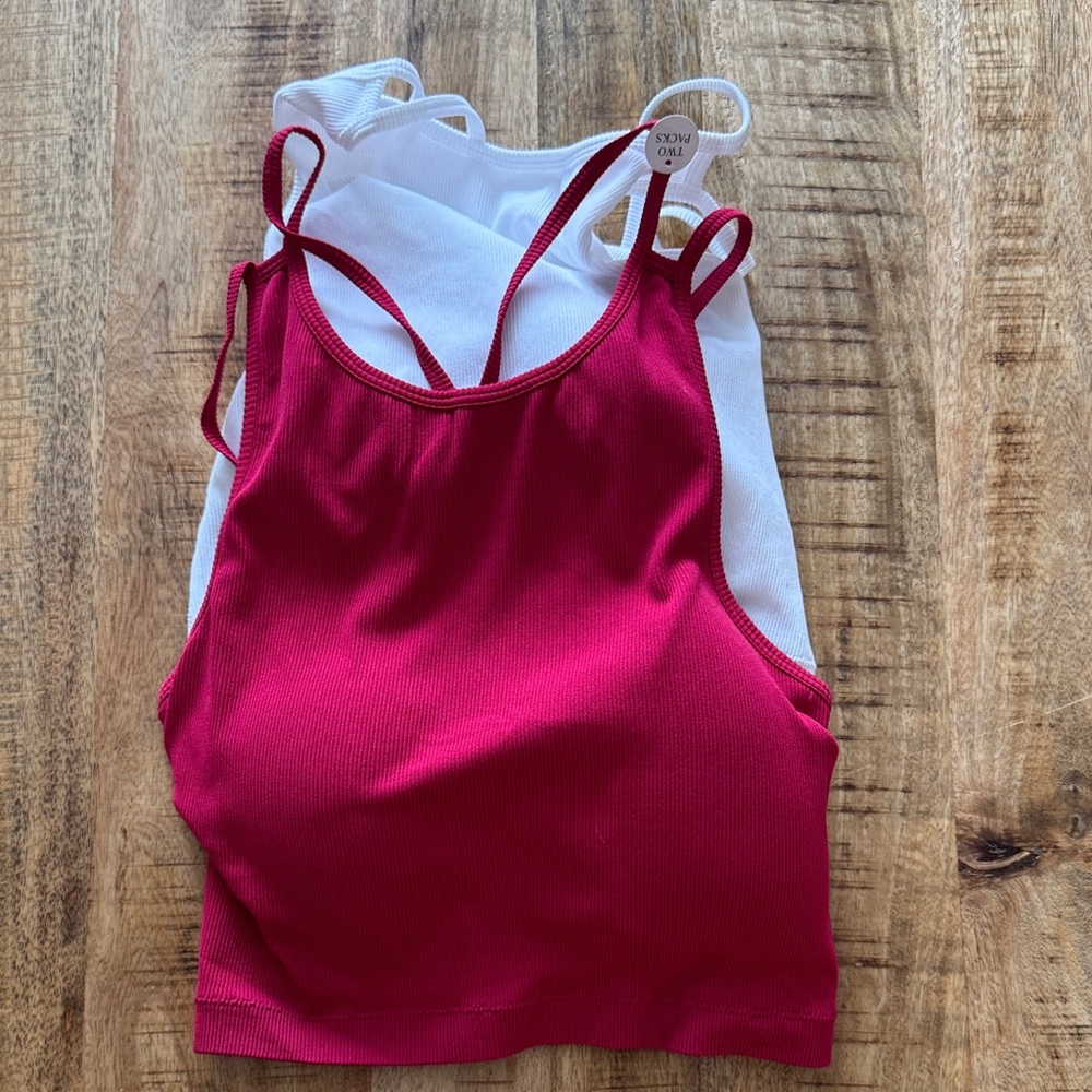 PRO-FIT Pink and Classic White Strappy sports longline ribbed tank Tops with bra